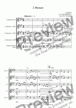 page one of Bach arr. MacDowell: 6 Little Pieces (after sketches of J.S.Bach): 2.Menuet (in G) (Anna Magdalena Notebook)(Clarinet Quintet)