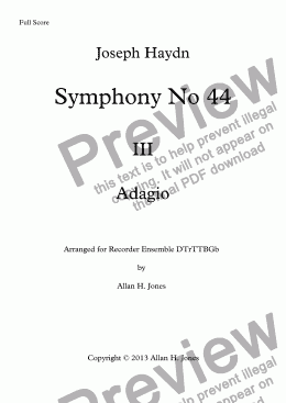 page one of Haydn Sym No. 44 III Adagio - Recorder