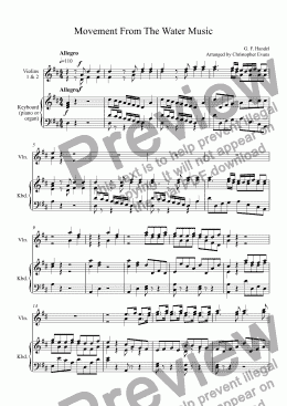 page one of Movement From The Water Music (Allegro) Arranged for  Two Violins & Keyboard