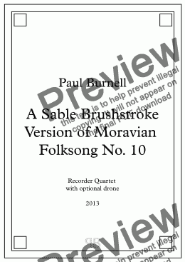 page one of A Sable Brushstroke Version of Moravian Folksong No. 10, for Recorder Quartet S,A,T,B