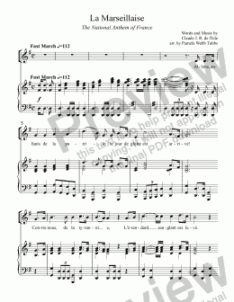 page one of La Marseillaise (L’ISLE), national anthem of France, for piano and optional vocal, arr. by Pamela Webb Tubbs