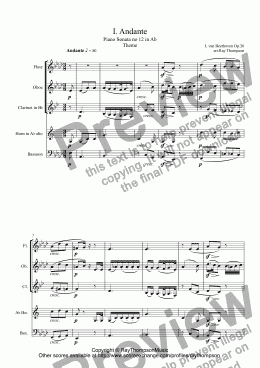 page one of Beethoven: Piano Sonata No 12 in Ab Op.26 Mvt I. Andante (Theme) arr.wind quintet