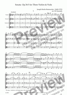 page one of Sonata  Op.34-5 for Three Violins & Viola