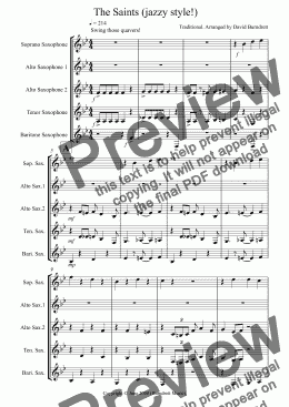 page one of The Saints (jazzy style!) for Saxophone Quintet