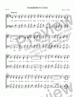 page one of Grandfather’s Clock -or- My Grandfather’s Clock (WORK) 19th C. American popular song for SATB choir a cappella voices with English and Japanese words, arr. by Pamela Webb Tubbs