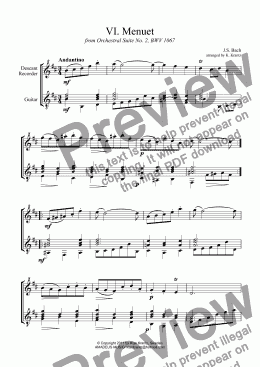 page one of Menuet from Suite No. 2, BWV 1067 for D. recorder and guitar