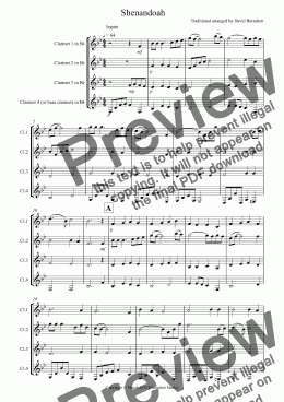 page one of Shenandoah for Clarinet Quartet