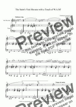 page one of The Saint’s Visit Havana with a Touch of W.A.M for Treble/Alto Recorder & Piano