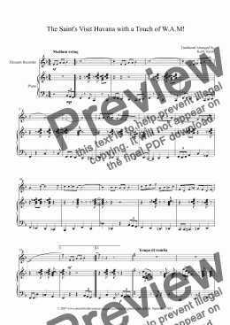 page one of The Saint’s Visit Havana with a Touch of W.A. Mozart for Descant Recorder & Piano