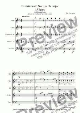 page one of Divertimento No 1 in Eb major (4 movements) 1.Moderato/Allegro: Blaydon Races. 2.Andante: The Cliffs of Old Tynemouth.3 Minuet and Trio:The Keel Row 4.Rondo:Keep your feet still Geordie Hinny!