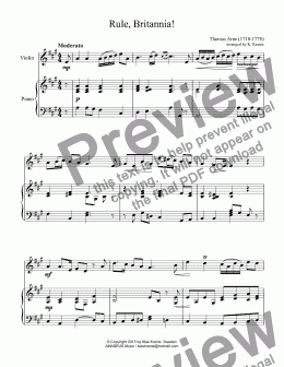 page one of Rule, Britannia! for violin and easy piano