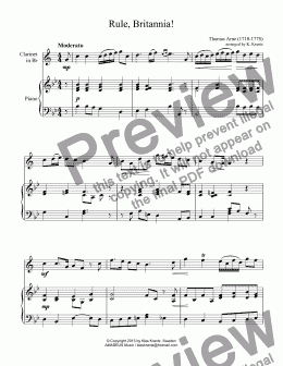 page one of Rule, Britannia! for clarinet in Bb and easy piano
