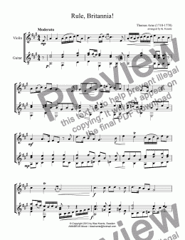 page one of Rule, Britannia! for violin and guitar (A Major)