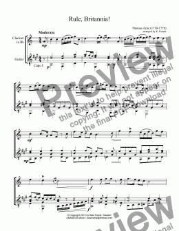 page one of Rule, Britannia! for clarinet in Bb and guitar (A Major)