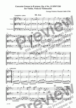page one of Aria from Concerto Grosso, Op.6-12 HWV330 for Violin, Viola & Violoncello