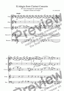 page one of Clarinet Concerto: Mvt.II Adagio (original key of D, inc clt in A)