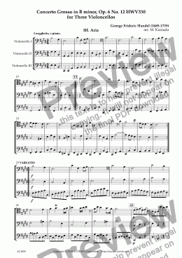 page one of Aria from Concerto Grosso, Op.6-12 HWV330 for Three Violoncellos