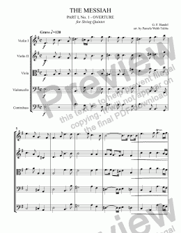 page one of Overture from "The Messiah" (HANDEL), Part I, No. 1, arr. for string quintet by Pamela Webb Tubbs