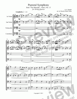 page one of Pastoral Symphony from "The Messiah" (HANDEL), Part I, No. 13, arr. for string quartet by Pamela Webb Tubbs