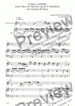 page one of ’Largo e cantabile’  from ’How Do You Do’ Op.33-5, Hob.III:41 for Clarinet & Piano