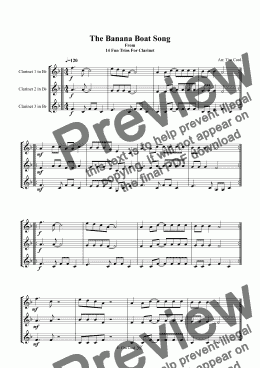 page one of The Banana Boat Song. Clarinet Trio