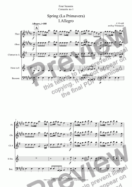 page one of Four Seasons:Spring(La Primavera)(Complete:Mvt I "Arrival of Spring" Mvt II "The Goatherd sleeps" Mvt III "Nymphs and Shepherds Dance")(Wind Quintet)