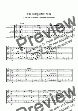 page one of The Banana Boat Song. Trio for Trumpet, french Horn And Trombone