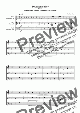page one of Drunken Sailor. Trio For Trumpet, French Horn and Trombone