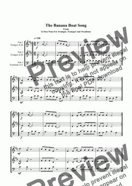 page one of The Banana Boat Song. Trio for Trumpet, Trumpet and Trombone