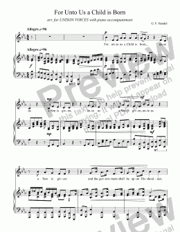 page one of For Unto Us a Child is Born (HANDEL) from "Messiah," for UNISON VOICES with piano accompaniment (condensed and transposed for choral introit or congregational response), arr. by Pamela Webb Tubbs