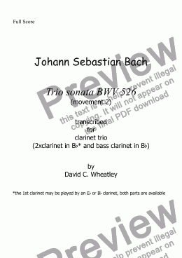 page one of Bach - trio sonata BWV 526 mvt 2 transcribed for clarinet trio (2xBb+bass) by David Wheatley