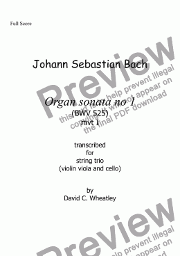 page one of Bach - trio sonata BWV 525 mvt 1 transcribed for string trio (vln+vla+cello) by David Wheatley