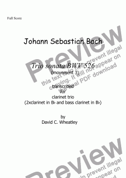 page one of Bach - trio sonata BWV 526 mvt 3 transcribed for clarinet trio (2xBb+bass) by David Wheatley