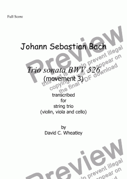page one of Bach - trio sonata BWV 526 mvt 3 transcribed for string trio (vln+vla+cello) by David Wheatley