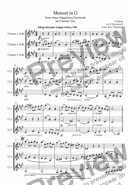 page one of Bach arr. MacDowell: 6 Little Pieces (after sketches of J.S.Bach): 2.Menuet (in G) (Anna Magdalena Notebook) arr.Clarinet Trio