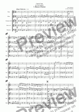 page one of Capriol Suite: Complete:all 6 mvts:1.Basse-Danse 2.Pavane 3.Tordion 4.Bransles 5.Pied en L’air 6.Mattachins