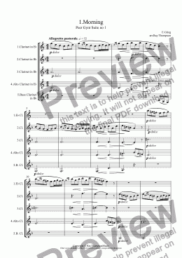 page one of Peer Gynt Suite no 1 Op.46: 1.Morning (Clarinet Quintet)(3 Bb cl. alto cl. bs cl.)