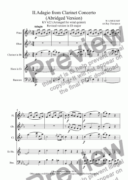 page one of Mozart: Clarinet Concerto (Abridged Version) K622: II.Adagio - wind quintet