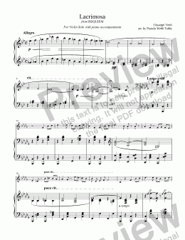 page one of Lacrimosa (VERDI) from REQUIEM for Solo Violin with piano accompaniment, arr. by Pamela Webb Tubbs