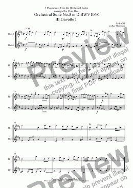 page one of Bach: 5 Movements from Orchestral Suites Nos.2 & 3: Suite No.3 (D major): Gavotte I,Gavotte II & Bourée - Suite No.2 (B minor): Menuet & Badinerie (flute duet)
