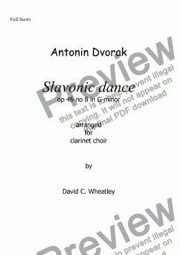 page one of Dvorak - Slavonic dance op 46 no 8 for clarinet choir transcribed by David Wheatley