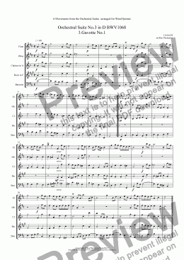 page one of Bach: 6 Movements from Orchestral Suites Nos.2 & 3: Suite No.3: Gavotte I,Gavotte II & Bourée - Suite No.2: Rondeau,Menuet & Badinerie (Wind Quintet) 