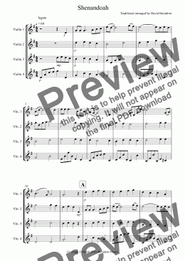 page one of Shenandoah for Violin Quartet