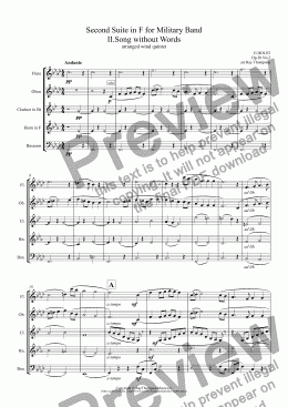 page one of Holst: Second Suite in F for Military Band II.Song without Words - arranged wind quintet