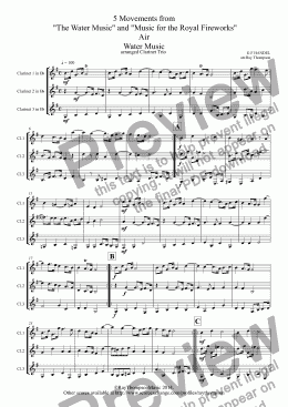 page one of Handel: 5 Movements from "The Water Music" and "Music for the Royal Fireworks": Water Music: Air,Bourée,Menuet (Flute Suite) - Royal Fireworks Music: Bourée,Menuet & Trio (arranged clarinet trio)
