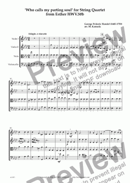 page one of ’Who calls my parting soul’ for String Quartet from Esther HWV.50b