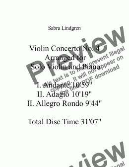 page one of Violin Concerto No. 4  Arranged for Solo Violin and Piano I. Andante