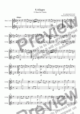 page one of Mozart: 12 Duets for Horn KV487: 8.Allegro (French Horn Duet)