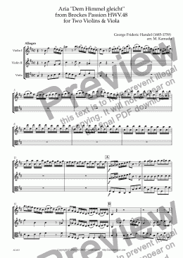 page one of Aria "Dem Himmel gleicht" from Brockes Passion HWV.48 for Two Violins & Viola