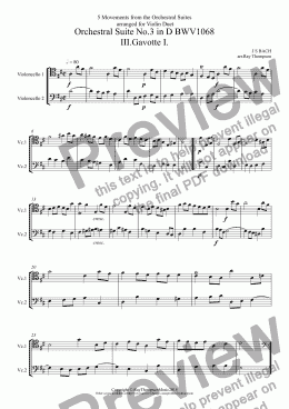 page one of Bach: 5 Movements from Orchestral Suites Nos.2 & 3: Suite no.3 (D major): Gavotte I,Gavotte II & Bourée - Suite No.2 (B minor): Menuet & Badinerie (violoncello duet)